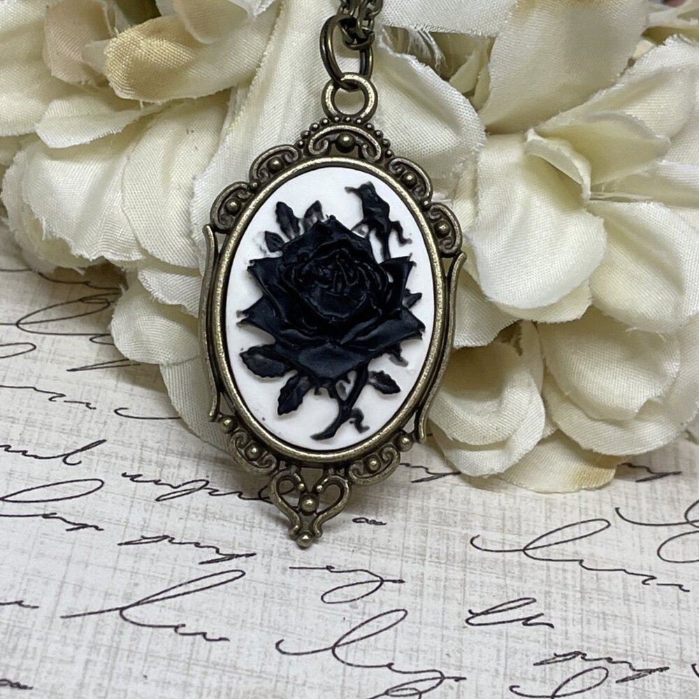 Halloween Gothic Viking Birthday Bronze Necklace Black White Rose Cameo  Jewelry